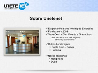 Sobre Unetenet
Ela pertence a uma holding de Empresas
Fundada em 2008
Sede Central San Vicente e Granadinas
Cedar Hill Crest P 1825, Villa, Kingstown
ST Vicent y las Granadinas
Outras Localizações
> Santa Cruz – Bolivia
> Panamá
Novos escritórios
> Hong Kong
> Dubái
 