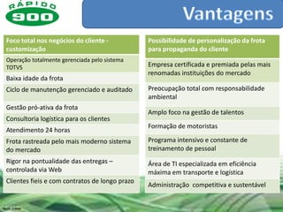 Foco total nos negócios do cliente -            Possibilidade de personalização da frota
customização                                    para propaganda do cliente
Operação totalmente gerenciada pelo sistema
TOTVS                                           Empresa certificada e premiada pelas mais
                                                renomadas instituições do mercado
Baixa idade da frota
Ciclo de manutenção gerenciado e auditado       Preocupação total com responsabilidade
                                                ambiental
Gestão pró-ativa da frota
                                                Amplo foco na gestão de talentos
Consultoria logística para os clientes
                                                Formação de motoristas
Atendimento 24 horas
Frota rastreada pelo mais moderno sistema       Programa intensivo e constante de
do mercado                                      treinamento de pessoal
Rigor na pontualidade das entregas –            Área de TI especializada em eficiência
controlada via Web                              máxima em transporte e logística
Clientes fieis e com contratos de longo prazo
                                                Administração competitiva e sustentável
 