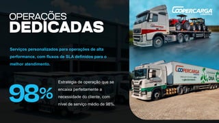 Serviços personalizados para operações de alta
performance, com fluxos de SLA definidos para o
melhor atendimento.
Estratégia de operação que se
encaixa perfeitamente a
necessidade do cliente, com
nível de serviço médio de 98%.
 