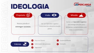 Somos um Operador Logístico
que entrega soluções para
os clientes, comprometidos com
todos os stakeholders.
Missão
Ser um Operador Logístico
Sustentável de relevante atuação
global.
Visão
Nossa paixão é
entregar sucesso.
Propósito
Foco no Cliente;
Valorização das pessoas;
Segurança;
Valores
Sustentabilidade;
Inovação.
 