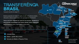 Transporte rodoviário de cargas FTL
Estamos presentes em todas as regiões do país, com estrutura própria,
reforçando a ideia da capilaridade e da capacidade de atendimento!
Temos uma frota composta por mais de 2 mil veículos, atendendo as
mais diversas necessidades dos nossos clientes, tendo a disposição
para transporte de secos, frigorificados e outros perfis:
Carretas baús
Siders – grade alta e baixa
Veículos de Médio e Pequeno Porte
 