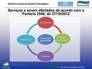 Diretoria Geral de Gestão Estratégica

Serviços a serem ofertados de acordo com a
Portaria 2546, de 27/10/2012
Teleconsultoria

Telediagnóstico

Telessaúde
Brasil Redes

Segunda
Opinião
Formativa (SOF)

Teleducação

Portaria nº 2546, de 27 de outubro de 2011

 
