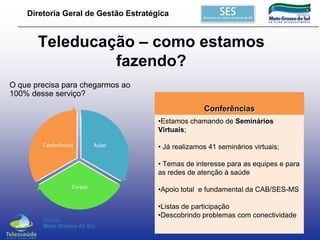 Diretoria Geral de Gestão Estratégica

Teleducação – como estamos
fazendo?
O que precisa para chegarmos ao
100% desse serviço?
Conferências
•Estamos chamando de Seminários
Virtuais;
Conferências

Aulas

• Já realizamos 41 seminários virtuais;
• Temas de interesse para as equipes e para
as redes de atenção à saúde

Cursos

•Apoio total e fundamental da CAB/SES-MS
•Listas de participação
•Descobrindo problemas com conectividade

 