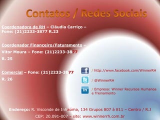Coordenadora de RH – Cláudia Carriço –
Fone: (21)2233-3877 R.23


Coordenador Financeiro/Faturamento –
Vitor Moura – Fone: (21)2233-3877
R. 25


                                           / http://www.facebook.com/WinnerRH
Comercial – Fone: (21)2233-3877
R. 26                                      / @WinnerRH

                                           / Empresa: Winner Recursos Humanos
                                           e Treinamento



   Endereço: R. Visconde de Inhaúma, 134 Grupos 807 à 811 – Centro / R.J
               CEP: 20.091-007 – site: www.winnerrh.com.br
 