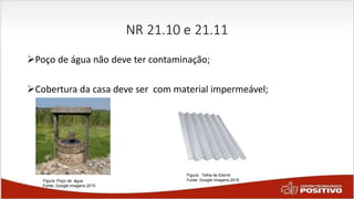 NR 21.10 e 21.11
Poço de água não deve ter contaminação;
Cobertura da casa deve ser com material impermeável;
Figura: Poço de água
Fonte: Google Imagens 2015
Figura: Telha de Eternit
Fonte: Google Imagens 2015
 