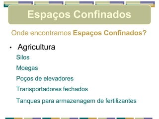Espaços Confinados
Onde encontramos Espaços Confinados?
• Agricultura
Silos
Moegas
Poços de elevadores
Transportadores fechados
Tanques para armazenagem de fertilizantes
 