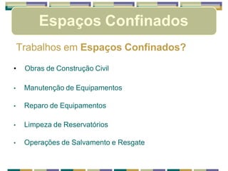 Espaços Confinados
Trabalhos em Espaços Confinados?
• Obras de Construção Civil
• Manutenção de Equipamentos
• Reparo de Equipamentos
• Limpeza de Reservatórios
• Operações de Salvamento e Resgate
 