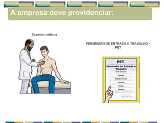 Exames médicos
PERMISSÃO DE ENTRADA E TRABALHO -
PET
A empresa deve providenciar:
 