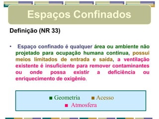 Espaços Confinados
Definição (NR 33)
• Espaço confinado é qualquer área ou ambiente não
projetado para ocupação humana contínua, possui
meios limitados de entrada e saída, a ventilação
existente é insuficiente para remover contaminantes
ou onde possa existir a deficiência ou
enriquecimento de oxigênio.
■ Geometria ■ Acesso
■ Atmosfera
 