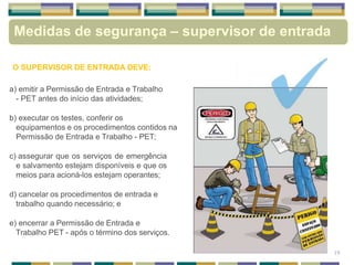 Medidas de segurança – supervisor de entrada
O SUPERVISOR DE ENTRADA DEVE:
a) emitir a Permissão de Entrada e Trabalho
- PET antes do início das atividades;
b) executar os testes, conferir os
equipamentos e os procedimentos contidos na
Permissão de Entrada e Trabalho - PET;
c) assegurar que os serviços de emergência
e salvamento estejam disponíveis e que os
meios para acioná-los estejam operantes;
d) cancelar os procedimentos de entrada e
trabalho quando necessário; e
e) encerrar a Permissão de Entrada e
Trabalho PET - após o término dos serviços.
19
 