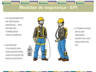  O TRABALHADOR
DEVE SER
TREINADO
QUANTO AO USO
ADEQUADO DO
EPI.
 OS EQUIPAMENTOS
DE PROTEÇÃO
INDIVIDUAL – EPIs
DEVEM SER
FORNECIDOS
GRATUITAMENTE.
 DEVEM SER
UTILIZADOS EPIs
ADEQUADOS PARA
CADA SITUAÇÃO DE
RISCO EXISTENTE.
Medidas de segurança - EPI
 