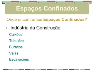 Espaços Confinados
Onde encontramos Espaços Confinados?
• Indústria da Construção
Caixões
Tubulões
Buracos
Valas
Escavações
 