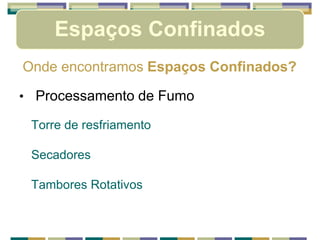 Espaços Confinados
Onde encontramos Espaços Confinados?
• Processamento de Fumo
Torre de resfriamento
Secadores
Tambores Rotativos
 
