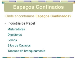 Espaços Confinados
Onde encontramos Espaços Confinados?
• Indústria de Papel
Misturadores
Digestores
Fornos
Silos de Cavacos
Tanques de branqueamento
 