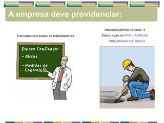 Treinamento a todos os trabalhadores
Inspeção prévia no local e
Elaboração da APR – ANÁLISE
PRELIMINAR DE RISCO
A empresa deve providenciar:
 