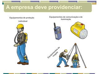 Equipamentos de comunicação e de
iluminação
Equipamentos de proteção
individual
A empresa deve providenciar:
 