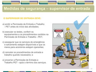 Medidas de segurança – supervisor de entrada
O SUPERVISOR DE ENTRADA DEVE:
a) emitir a Permissão de Entrada e Trabalho
- PET antes do início das atividades;
b) executar os testes, conferir os
equipamentos e os procedimentos contidos na
Permissão de Entrada e Trabalho - PET;
c) assegurar que os serviços de emergência
e salvamento estejam disponíveis e que os
meios para acioná-los estejam operantes;
d) cancelar os procedimentos de entrada e
trabalho quando necessário; e
e) encerrar a Permissão de Entrada e
Trabalho PET - após o término dos serviços.
19
 
