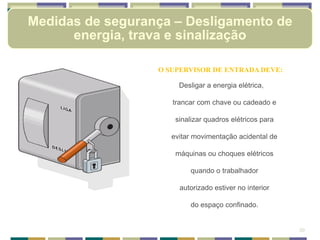O SUPERVISOR DE ENTRADA DEVE:
Desligar a energia elétrica,
trancar com chave ou cadeado e
sinalizar quadros elétricos para
evitar movimentação acidental de
máquinas ou choques elétricos
quando o trabalhador
autorizado estiver no interior
do espaço confinado.
20
Medidas de segurança – Desligamento de
energia, trava e sinalização
 