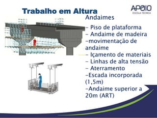 Andaimes
- Piso de plataforma
- Andaime de madeira
-movimentação de
andaime
- Içamento de materiais
- Linhas de alta tensão
- Aterramento
-Escada incorporada
(1,5m)
-Andaime superior a
20m (ART)
Trabalho em Altura
 