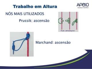 NÓS MAIS UTILIZADOS
Prussik: ascensão
Marchand: ascensão
Trabalho em Altura
 