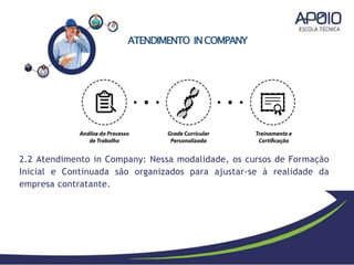 ATENDIMENTO INCOMPANY
2.2 Atendimento in Company: Nessa modalidade, os cursos de Formação
Inicial e Continuada são organizados para ajustar-se à realidade da
empresa contratante.
 