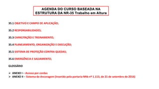 35.1 OBJETIVO E CAMPO DE APLICAÇÃO;
35.2 RESPONSABILIDADES;
35.3 CAPACITAÇÃO E TREINAMENTO;
35.4 PLANEJAMENTO, ORGANIZAÇÃO E EXECUÇÃO;
35.5 SISTEMA DE PROTEÇÃO CONTRA QUEDAS;
35.6 EMERGÊNCIA E SALVAMENTO;
GLOSSÁRIO
 ANEXO I – Acesso por cordas
 ANEXO II – Sistema de Ancoragem (Inserido pela portaria Mtb nº 1.113, de 21 de setembro de 2016)
 