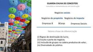 GUARDA CHUVA DE CONCEITOS
Empresas B
Negócios sociais
Negócios de propósito Negócios de impacto
BCorps Empresas Sociais
Foto de Melina Bordone
conceitos e nomenclaturas em construção
fatores-chave de diferenciação
(i) Regras de destinação do lucro;
(ii) Escala e porte do negócio;
(iii) Inclusão de grupos na cadeia produtiva de valor;
(iv) Diversidade de público.
 