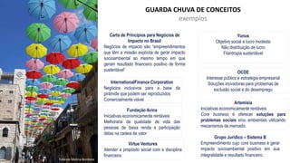 GUARDA CHUVA DE CONCEITOS
exemplos
Foto de Melina Bordone
Yunus
Objetivo social e lucro modesto
Não distribuição de lucro
Filantropia sustentável
Virtue Ventures
Atender a propósito social com a disciplina
financeira.
OCDE
Interesse público e estratégia empresarial
Soluções inovadoras para problemas de
exclusão social e do desemprego
Artemisia
Iniciativas economicamente rentáveis
Core business é oferecer soluções para
problemas sociais e/ou ambientais utilizando
mecanismos de mercado.
Fundação Avina
Iniciativas economicamente rentáveis
Melhoraria da qualidade de vida das
pessoas de baixa renda e participação
delas na cadeia de valor
InternationalFinance Corporation
Negócios inclusivos para a base da
pirâmide que podem ser reproduzidos
Comercialmente viável
Grupo Jurídico – Sistema B
Empreendimento cujo core business é gerar
impacto socioambiental positivo em sua
integralidade e resultado financeiro.
Carta de Princípios para Negócios de
Impacto no Brasil
Negócios de impacto são “empreendimentos
que têm a missão explícita de gerar impacto
socioambiental ao mesmo tempo em que
geram resultado financeiro positivo de forma
sustentável”
 