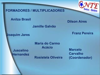Anilza Brasil FORMADORES / MULTIPLICADORES Jamille Galvão Dilson Aires Joaquim Jares Maria do Carmo Acácio Franz Pereira Marcelo Carvalho (Coordenador) Rosistela Oliveira Juscelino Hernandez 