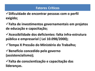 Fatores Críticos
Dificuldade de encontrar pessoas com o perfil
exigido;
Falta de investimentos governamentais em projetos
de educação e capacitação;
Acessibilidade dos deficientes: falta infra-estrutura
pública e empresarial ( Lei 10.098/2000);
Tempo X Pressão do Ministério do Trabalho;
Benefício concedido pelo governo
(assistencialismo);
Falta de conscientização e capacitação das
lideranças.
 