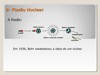 2- Fissão Nuclear2- Fissão Nuclear
A fissão:A fissão:
Em 1936, Bohr estabeleceu a ideia de um núcleo
 