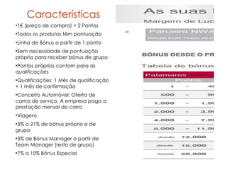 Características 1€ (preço de compra) = 2 Pontos Todos os produtos têm pontuação Linha de Bónus a partir de 1 ponto Sem necessidade de pontuação própria para receber bónus de grupo Pontos próprios contam para as qualificações Qualificações: 1 Mês de qualificação + 1 mês de confirmação Conceito Automóvel: Oferta de carros de serviço. A empresa paga a prestação mensal do carro Viagens  3% a 21% de bónus próprio e de grupo 3% de Bónus Manager a partir de Team Manager (resto de grupo) 7% a 10% Bónus Especial 