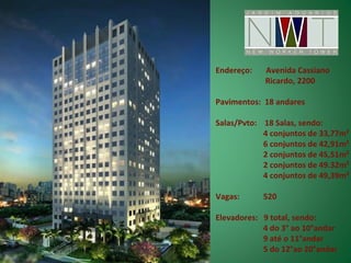 Endereço:   Avenida Cassiano
            Ricardo, 2200

Pavimentos: 18 andares

Salas/Pvto: 18 Salas, sendo:
            4 conjuntos de 33,77m²
            6 conjuntos de 42,91m²
            2 conjuntos de 45,51m²
            2 conjuntos de 49.32m²
            4 conjuntos de 49,39m²

Vagas:      520

Elevadores: 9 total, sendo:
            4 do 3° ao 10°andar
            9 até o 11°andar
            5 do 12°ao 20°andar
 