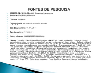    0058657-52.2011.8.26.0000 Agravo de Instrumento
   Relator(a): José Marcos Marrone

   Comarca: São Paulo

   Órgão julgador: 23ª Câmara de Direito Privado

   Data do julgamento: 01/06/2011

   Data de registro: 21/06/2011

   Outros números: 00586575220118260000

   Ementa: Execução - Cédula de crédito bancário - Lei 10.931/2004, reputando a cédula de crédito
    bancário como título executivo extrajudicial, que apresenta grave ví- cio de origem - Lei que cuidou de
    diversas outras matérias, além das mencio- nadas em seu art. 1o - Cédula de crédito bancário que não
    guarda nenhuma correlação com a incorporação imobiliária - Transgressão ao art. 7° da LC 95/1998 -
    Fato que afasta a observância obrigatória aos preceitos da Lei 10.931/2004. Execução - Cédula de
    crédito bancário - Execução que não deve prosseguir nem sequer contra os avalistas - Não sendo o
    título exequível, a ação executi- va é incabível tanto em face do devedor principal quanto em face do
    avalista. Execução - Cédula de crédito bancário - Falta de título executivo eficaz que constitui matéria
    que deve ser conhecida de ofício - Art. 267, § 3o, do CPC - Inexistência de título com eficácia
    executiva, nos moldes do art. 586 do CPC - Declarada a nulidade da execução - Carência da ação -
    Falta de interesse processual - Art. 618,1, do CPC - Ressalvada ao agravante, para o recebimen- to de
    seu crédito, a utilização das vias monitoria ou ordinária - Anulada, de ofí- cio, a execução, com fulcro
    no art. 267, VI, do CPC - Extinção do processo - Perda do objeto do agravo - Agravo prejudicado.
 