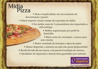 Mídia
   Pizza       • Maior receptividade, em um momento de
         descontração e prazer;
   • Maior impacto visual e tempo de exposição da mídia;
               • Em média, mais de 3 consumidores são impactados a
                     cada entrega;
                          • Melhor segmentação por perﬁl de
                          domicílio;
                            • Baixo custo de veiculação, o menor para
                         este veículo;
                 • Maior variedade de formatos e tipos de ações;
        • Menor dispersão: o anúncio ou ação não passa despercebido;
   • Recall elevado de sua marca, com possível medição de retorno;
    • Qualidade de impressão e demais itens garantidos por contrato.
 