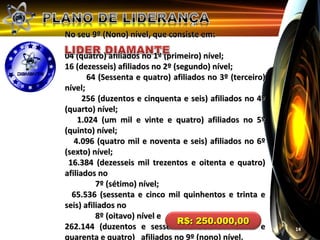 No seu 9º (Nono) nível, que consiste em:

04 (quatro) afiliados no 1º (primeiro) nível;
16 (dezesseis) afiliados no 2º (segundo) nível;
       64 (Sessenta e quatro) afiliados no 3º (terceiro)
nível;
      256 (duzentos e cinquenta e seis) afiliados no 4º
(quarto) nível;
    1.024 (um mil e vinte e quatro) afiliados no 5º
(quinto) nível;
   4.096 (quatro mil e noventa e seis) afiliados no 6º
(sexto) nível;
 16.384 (dezesseis mil trezentos e oitenta e quatro)
afiliados no
          7º (sétimo) nível;
  65.536 (sessenta e cinco mil quinhentos e trinta e
seis) afiliados no
          8º (oitavo) nível e
                                R$: 250.000,00
262.144 (duzentos e sessenta e dois mil cento e            14
quarenta e quatro) afiliados no 9º (nono) nível.
 