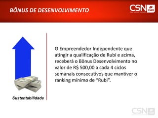 BÔNUS DE DESENVOLVIMENTO




                   O Empreendedor Independente que
                   atingir a qualificação de Rubi e acima,
                   receberá o Bônus Desenvolvimento no
                   valor de R$ 500,00 a cada 4 ciclos
                   semanais consecutivos que mantiver o
                   ranking mínimo de “Rubi”.


Sustentabilidade
 