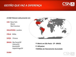 GESTÃO QUE FAZ A DIFERENÇA



 A CIAO Telecom está presente em:

 USA Nova York
     Miami
     São Francisco

 INGLATERRA Londres

 ITÁLIA Milão

 SUÍÇA Chiasso

 BRASIL São Paulo/SP
        Vitória/ES                   Matriz em São Paulo - SP - BRASIL
        Brasília/DF                  140 países
        Itapetininga/SP             Milhões de Faturamento Acumulado

 DUBAI
 