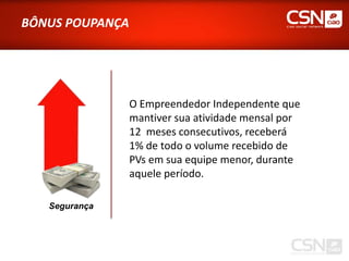 BÔNUS POUPANÇA




                 O Empreendedor Independente que
                 mantiver sua atividade mensal por
                 12 meses consecutivos, receberá
                 1% de todo o volume recebido de
                 PVs em sua equipe menor, durante
                 aquele período.

   Segurança
 