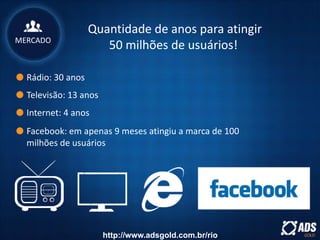 Rádio: 30 anos
Televisão: 13 anos
Internet: 4 anos
Facebook: em apenas 9 meses atingiu a marca de 100
milhões de usuários
Quantidade de anos para atingir
50 milhões de usuários!MERCADO
http://www.adsgold.com.br/rio
 