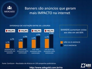 Fonte: ComScore – Resultados de eficácia em 139 campanhas publicitárias
Banners são anúncios que geram
mais IMPACTO na internet
BANNERS aumentam visitas
aos sites em até 66%
MERCADO
http://www.adsgold.com.br/rio
 
