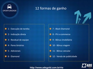 1 - Execução de tarefas
2 - Indicação direta
3 - Residual de equipe
4 - Pares binários
5 - Adicionais
6 - Diamond
7 - Black Diamond
8 - PV e-commerce
9 - Bônus imobiliário
10 - Bônus viagem
11 - Bônus veicular
12 - Venda de publicidade
12 formas de ganhoOPORTUNIDADE
http://www.adsgold.com.br/rio
 