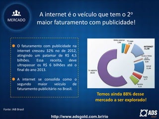 O faturamento com publicidade na
internet cresceu 32% no de 2012,
atingindo um patamar de R$ 4,5
bilhões. Essa receita, deve
ultrapassar os R$ 6 bilhões até o
final do ano 2013.
A internet se consolida como o
segundo maior veiculo de
faturamento publicitário no Brasil.
Fonte: IAB Brasil
Temos ainda 88% desse
mercado a ser explorado!
A internet é o veículo que tem o 2o
maior faturamento com publicidade!MERCADO
http://www.adsgold.com.br/rio
 
