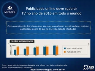 Publicidade online deve superar
TV no ano de 2016 em todo o mundo
Com o crescimento dos internautas, as empresas preferem investir cada vez mais em
publicidade online do que na televisão (aberta e fechada).
MERCADO
Fonte: Novas digitais (pesquisa divulgada pela Infosys com dados coletados pela
Forbes, Forrester Research e eMarketer).
http://www.adsgold.com.br/rio
 