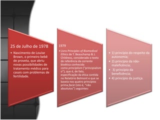 25 de Julho de 1978 
• Nascimento de Louise 
Brown, o primeiro bebê 
de proveta, que abriu 
novas possibilidades de 
tratamento médico para 
casais com problemas de 
fertilidade. 
1979 
• Livro Principles of Biomedical 
Ethics de T. Beauchamp & J. 
Childress, considerado o texto 
de referência da corrente 
bioética conhecida 
como principlism (“principialism 
o”), que é, de fato, 
especificação da ética contida 
no Relatório Belmont e que se 
baseia nos quatro princípios 
prima facie (isto é, “não 
absolutos”) seguintes: 
• 1) princípio do respeito da 
autonomia; 
• 2) princípio da não-maleficência; 
• 3) princípio da 
beneficência; 
• 4) princípio da justiça. 
 