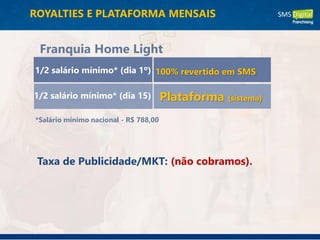 1/2 salário mínimo* (dia 1º)
1/2 salário mínimo* (dia 15) Plataforma (sistema)
*Salário mínimo nacional - R$ 788,00
Taxa de Publicidade/MKT: (não cobramos).
Franquia Home Light
100% revertido em SMS
ROYALTIES E PLATAFORMA MENSAIS
 