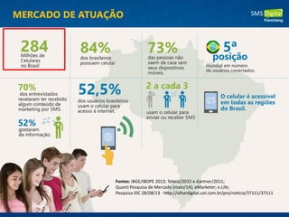 Fontes: IBGE/IBOPE 2013; Teleco/2015 e Gartner/2011;
Quanti Pesquisa de Mercado (maio/14); eMarketer; e.Life;
Pesquisa IDC 28/08/13 - http://olhardigital.uol.com.br/pro/noticia/37111/37111
MERCADO DE ATUAÇÃO
 
