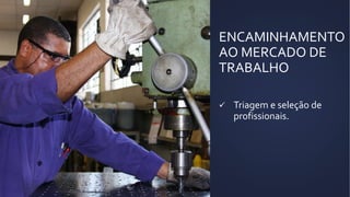  Triagem e seleção de
profissionais.
ENCAMINHAMENTO
AO MERCADO DE
TRABALHO
 