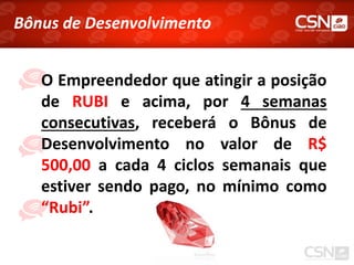 Bônus de Desenvolvimento


   O Empreendedor que atingir a posição
   de RUBI e acima, por 4 semanas
   consecutivas, receberá o Bônus de
   Desenvolvimento no valor de R$
   500,00 a cada 4 ciclos semanais que
   estiver sendo pago, no mínimo como
   “Rubi”.
 