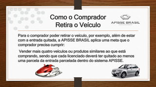 Como o Comprador
Retira o Veículo
Para o comprador poder retirar o veículo, por exemplo, além de estar
com a entrada quitada, a APISSE BRASIL aplica uma meta que o
comprador precisa cumprir:
Vender mais quatro veículos ou produtos similares ao que está
comprando, sendo que cada licenciado deverá ter quitado ao menos
uma parcela da entrada parcelada dentro do sistema APISSE.
 